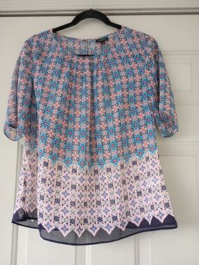 Talbots Pink and Blue Sheer Geometric Print Tunic Blouse Size Small